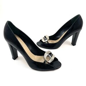 MICHAEL KORS COLLECTION Italian crafted black patent leather peep toe pumps